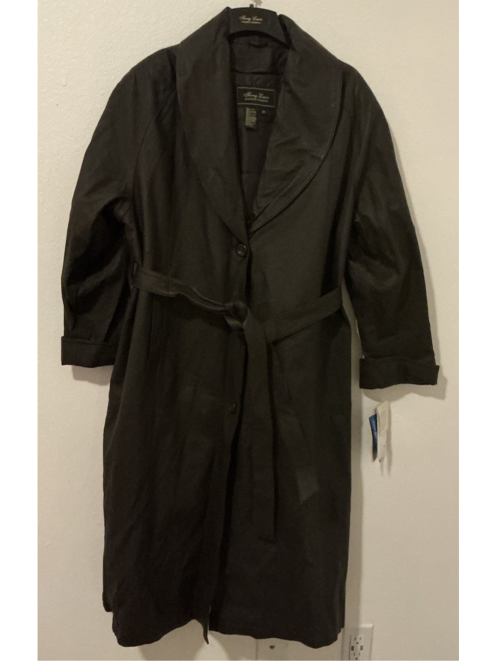 NWT Terry Lewis Black Leather Trench Coat 2X Plus Removable Fur Collar Zip Liner